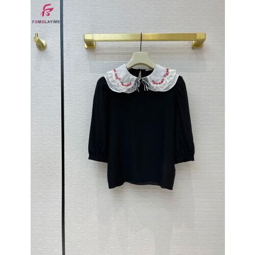 2021 Spring New Embroidered Lace Doll Collar Silk Shirt High Quality Women 100% Silk Bow Shirts Blouses