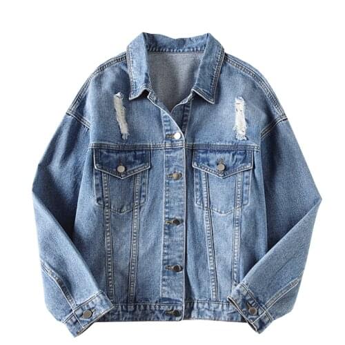 2020 spring autumn new style plus size womens denim jacket fashion loose ageing letter Leisure Holes denim Tops coat lady