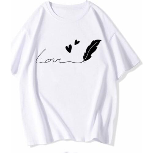 Feather Love Simple Sweet Print Goth Harajuku Top Women T-shirt Casual ladies basic O-collar Short Sleeved Tshirt Girl,Drop Ship