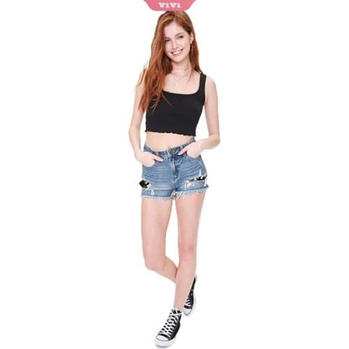 Womens Fashion Casual Summer Cool Girl Cowgirl Short Shorts Mid-waist Ripped Hole Flow Pasting Lace High Stretch Short Jean