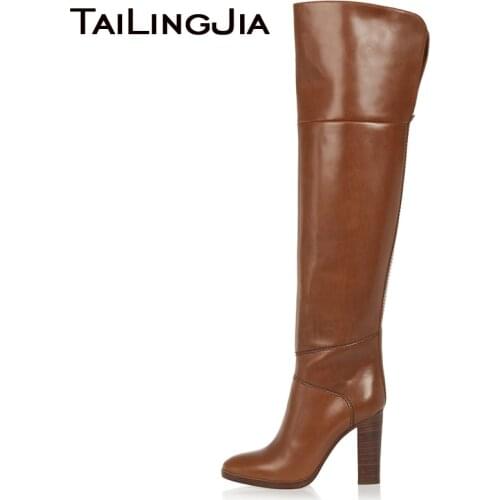 2020 Winter Womens Chunky Heel Brown Boots Stylish Over the Knee Boot Ladies Round Toe Large Size Block Heel Thigh High Boots