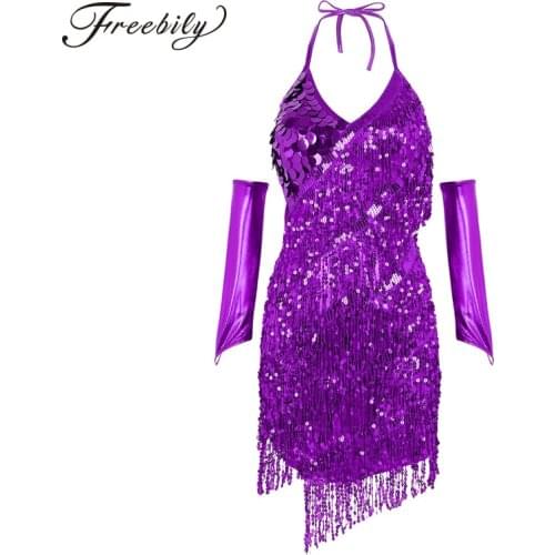 Women Shiny Sequins Tassels Halter Backless Asymmetrical Latin Dance Dress Salsa Rumba Samba Tango Stage Lyrical Dance Costumes