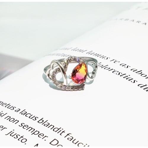 WYJZY Heart-shaped color crystal engagement silver ring womens fashion open ring bride wedding jewelry