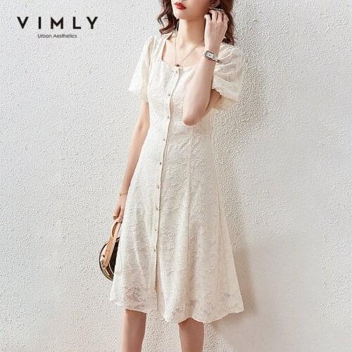 VIMLY Summer Dress For Women Elegant Single Breasted Lace Dresses Lady Solid Square Collar Dress Vintage Female Vestidos F7116
