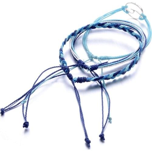 3Pcs Friendship Handmade Waxed Cord Weave Multi-layer Beach Wave Bracelets Kit