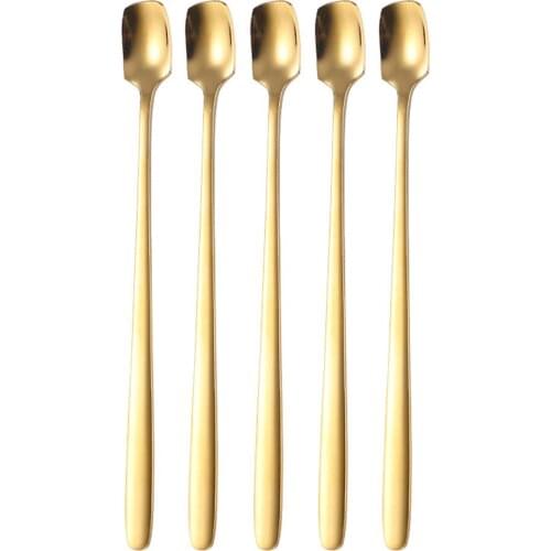 5PCS Stainless Steel Coffee Mixing Stirring Spoons Titanium Golden Spoon Ice Cream Dessert Spoon With Long Handle Tableware