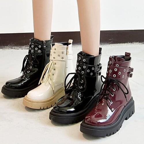 Gothic Black Women Ankle Boots Fashion Chunky Heel Punk Platform Winter Shoes Patent Leather Goth Botines Mujer Lace Up Size 43