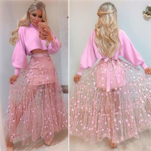 Women Sexy Tulle Skirts Beach Bikini Cover Up Adults See-through Pentagram Pattern Chiffon Maxi Skirts Female Beachwear Swimsuit