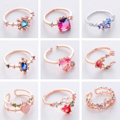 2021 New Fashion Crystal Rings For Women Cute Trendy Flower Adjustable Finger Rings Sweety Metal Female кольца Girl Jewelry Gift