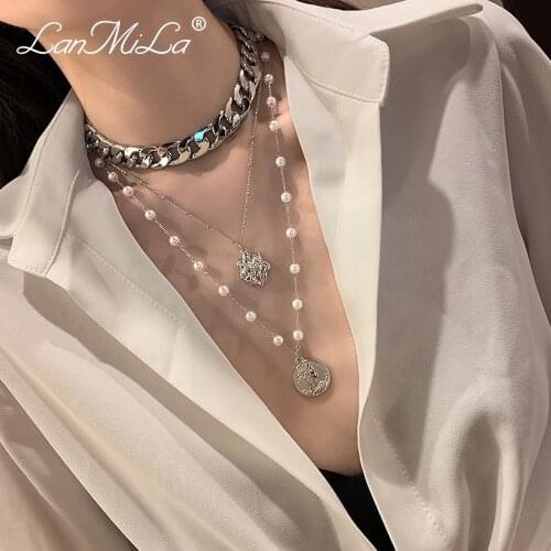 LanMiLa Fashion Layered Portrait Charm Pendant Pearl Chain Cuba Chain Necklace, Women Jewelry