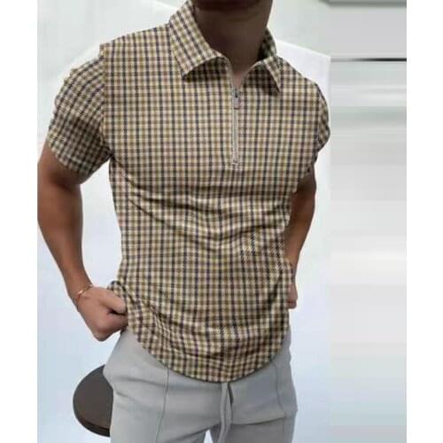 2021 New Summer Mens Zipper Lapel Polo Shirt Business Casual Men Short Sleeve Polo Shirts Plaid Printed Fashion Loose Pullovers