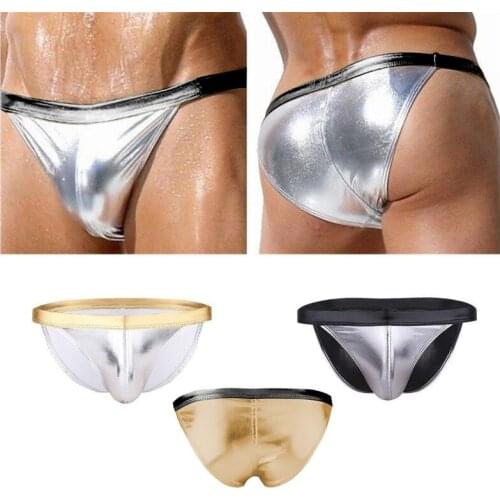 Mens Lingerie Jockstraps Shinny PU Leather Gay Briefs Erotic Low Waist Male Clubwear Underwear Sissy String Latex Homme Panties