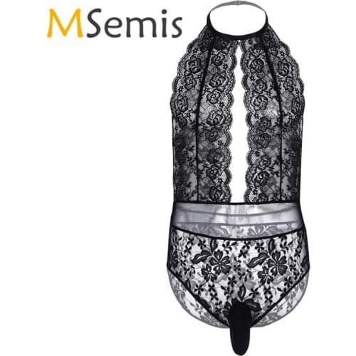 Mens Lingerie Mens Body Suit Thong Leotard Gay Floral Lace Crossdress Lingerie Halter Backless Gay Sissy Pouch Bodysuit Gay