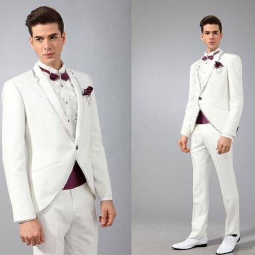 Mens Suits 2 Pieces White One Button Boyfriend Wear Slim Fit Casual Business Dress Suits Grooms Groomsmen Wedding Blazer+Pants