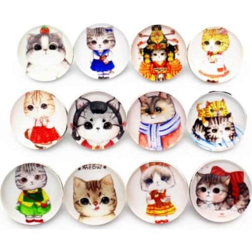 Newest Mixs 10pcs/lot Animal Small Fat Cat Pattern Glass Snap Button Chams Fit 18mm Ginger Snap Bracelet Necklace DIY Jewelry