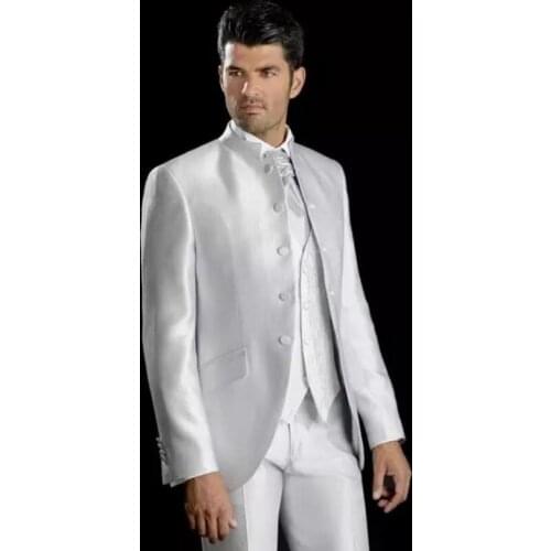 New Stylish White Stand Colar Five Button Groom Tuxedos Mens Wedding Dress Prom Clothing Custom Made Mens Suit(Jacket+pants+ti