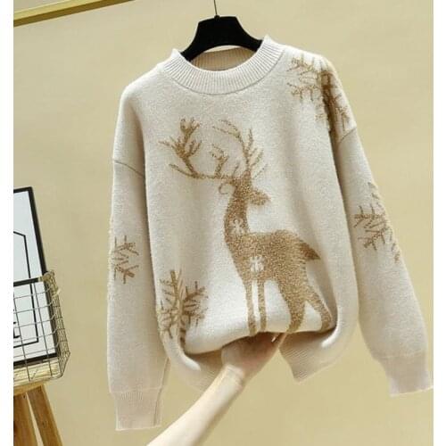 New Winter Fashion Sweater Deer Snowflake Christmas Sweater Women Coat Long Wool Knitted Korean Loose Womens Pullover Sweaters