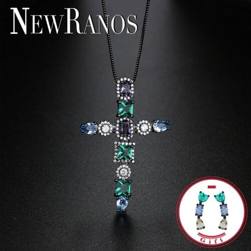 Newranos Multi Color Cross Pendant Necklace Natural Crystal Stone Necklace CZ Zircons Religious Jewelry Women Jewelry PWX005482