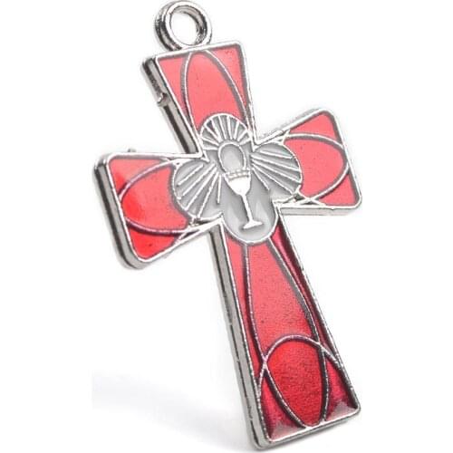 First Communion Holy Cup Catholic 42x27mm Alloy Metal Red Exquisite Religious Cross Pendant 6pcs