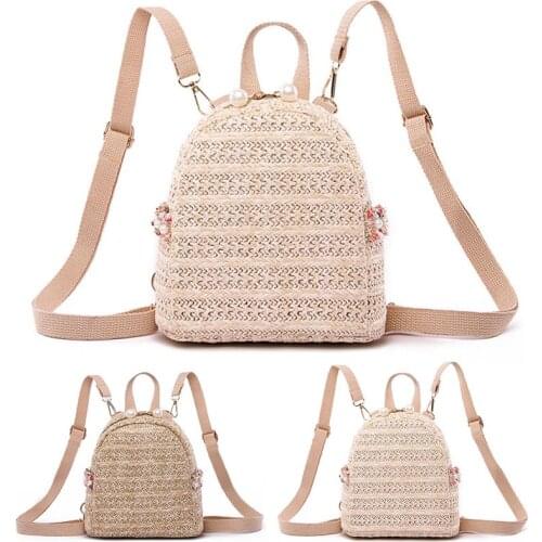 2021 New Fashion Women Backpack Womens Bag Straw Backpack Summer Casual Faux Pearl Travel Backpack Female Bags