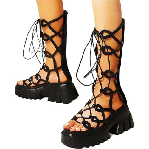 Sexy Party Pumps Gladiators Womens Lace Up Strappy Summer Mid Calf Sandals Boots Platform Creepers Goth Punk Open Toe