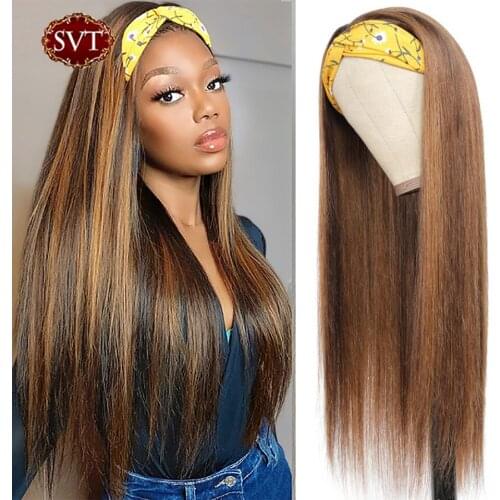 SVT Peruvian Remy Straight Ombre 26inch Headband Wig 4/27 Highlight Brown Blonde Long Straight Human Hair Headband Scarf Wig