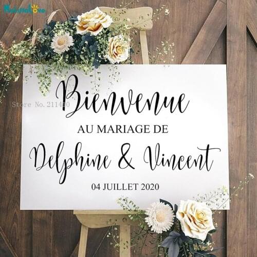 Bienvenue au mariage de Wedding Decoration Sign sticker Personalized Bride and Brideg Names and Dates Vinyl DIY Decals YT2147