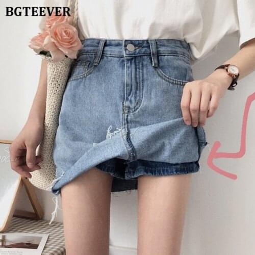 BGTEEVER Casual Ripped Hem Women Jeans Skirts Streetwear High Waist Pockets Female Denim Skirts Mini A-line Bottoms Femme 2020