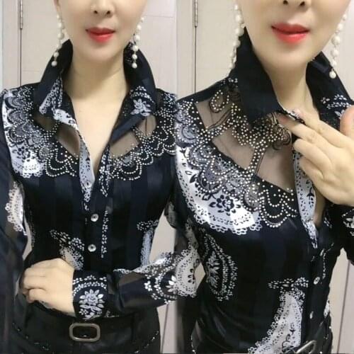 Women Blouse Spring Summer Lace Stitching Printing Chiffon Shirt Long Sleeve Shirt for Women Blusas Ropa De Mujer