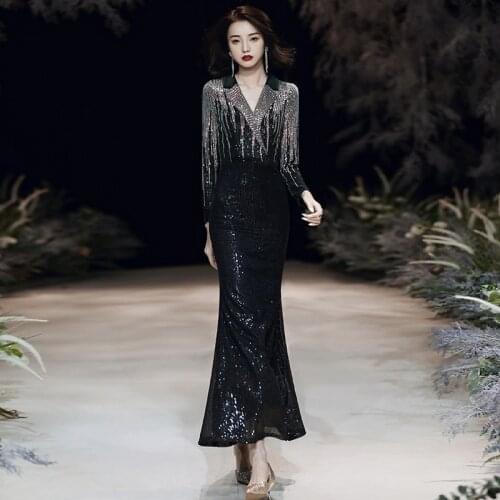 Luxury Sequin Suit Collar Mermaid Skirt for Elegant Party Banquet Temperament 2021 New Aura Queen Host Dress Female K103