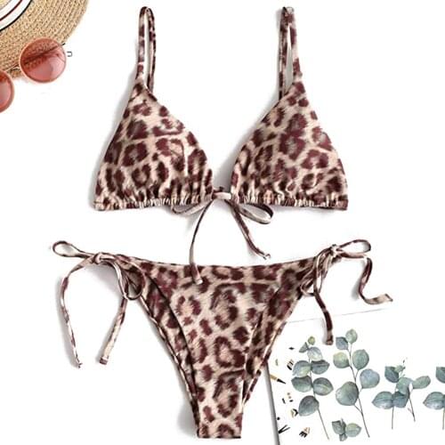Women 2 Pcs Animal Printed Bikinis, Tie up Triangle Bra + Push up Thong Sexy Beachwear Swimsuits 2020 New Hot