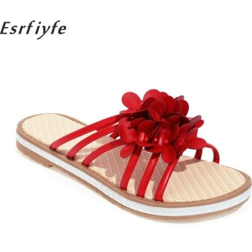 ESRFIYFE 2021 New Womens Bohemian Flower Flat Slippers Summer Non-slip Beach Shoes Bige Size Slippers Flip Flops Women Shoes