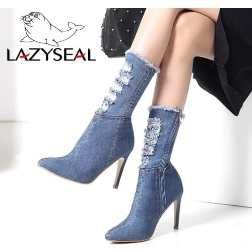 LazySeal Denim Boots Woman Zapato s Mujer Zip Thin Heels Shoes Woman Pointed Toe Stiletto Heel Boots Lady Plus Big Size 35-43