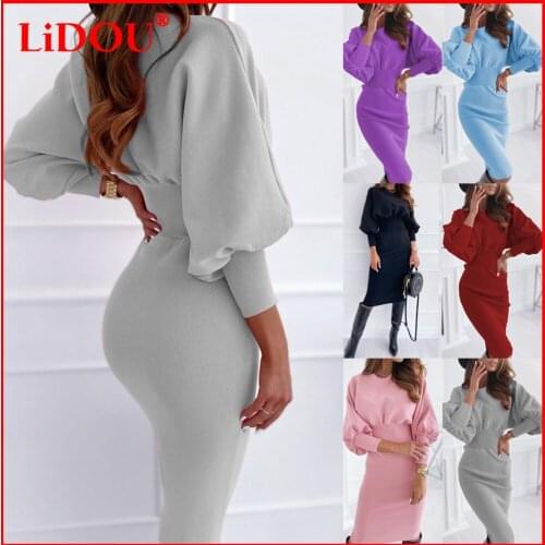 Women Elegant Office Lady Long Sleeve Knitted Bodycon Dresses Pullover Party Midi Dress Robe Autumn Winter 2021 Trendy Clothing