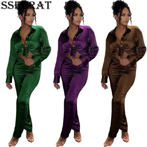 SSEURAT Womens Long Sleeve Lapel Fashion Solid Color Satin Lace Two-Piece Set Fall Fashion Casual Outfit 2021