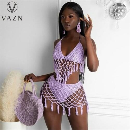 VAZN 2021 Swimming Beach Lady Wind Sleeveless V-neck Solid Summer Clothing Suits 2 Piece Set Women Top And Pant