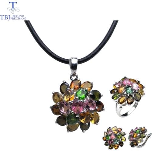 TBJ,natural multicol tourmaline gemstone jewelry set in 925 silver,classic design gemstone jewelry for women with Valentine gift
