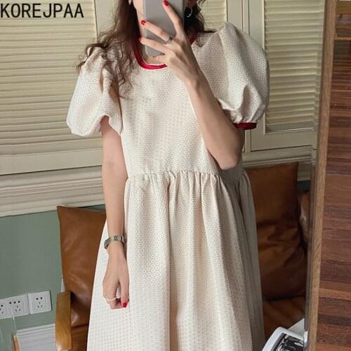 Korejpaa Women Dress 2021 Summer Korean Fashion O Neck Contrast Color Back Lace Up Bowknot Wave Point Bubble Sleeve Vestido