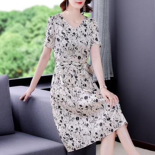 2021 Summer Vintage L-5XL Mulberry Silk V-Neck Beach Dress Women New Casual Print Satin Midi Dress Elegant Slim Party Vestidos
