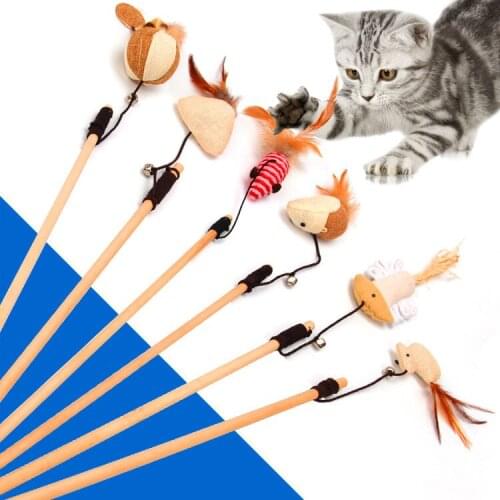 1Pcs Cartoon Pet Cat Teaser Toys Feather Wood Rod Mouse Toy With Mini Bell Cat Catcher Teaser Wooden Stick Cat Interactive Toys