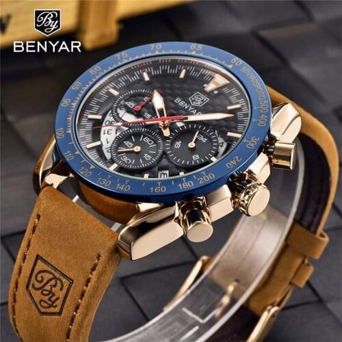 Benyar Design 2021 Top Casual Fashion Mens Quartz Watch Multi-function 30M Waterproof Leather Time Code Table Relogio Masculino