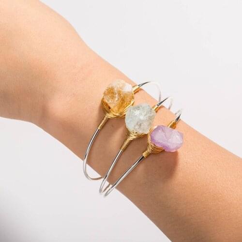 Wholesale 10 Pcs Silver Plated Wire Wrap Irregular Shape Many Colors Stone Crystal Open Bangle Fashion Jewelry