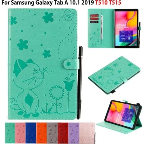 For Samsung Galaxy Tab A 10.1 2019 Case SM-T510 SM-T515 T510 T515 Funda Coque Cat Bee Embossed PU leather Stand Shell +Gift