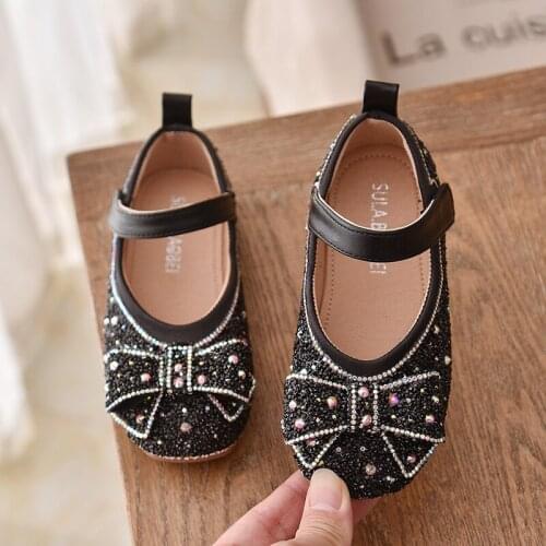 Spring Kids Girls Leather Shoes with Bow Childrens Sneakers Shallow Mouth Single Shoes Rhinestone Princess Shoes