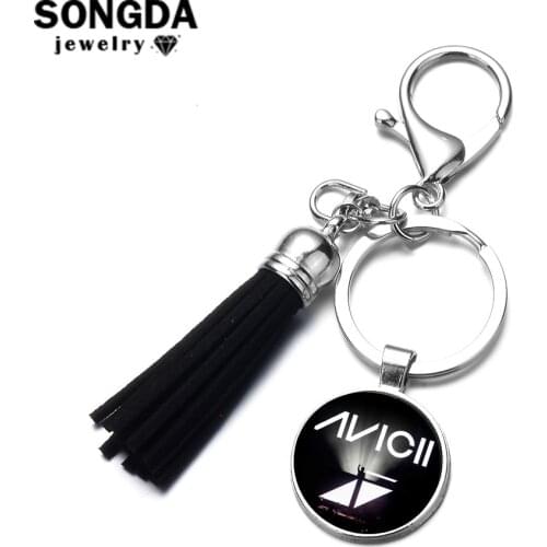 SONGDA DJ Genius Avicii Souvenir Keychain Avicii Logo Glass Cabochon Pendant PU Leather Tassel Keychain Car Key Ring Fans Gifts
