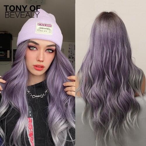 Long Wavy Purple to Gray Ombre Hair Middle Part Heat Resistant Natural Synthetic Wigs for Women Cosplay Party Fashion Wigs