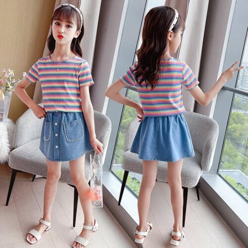 Teen Girls New Summer Rainbow Striped T Shirt Denim Skirt Two Pieces Suit for Kids Tracksuit Short Sleeve Children Clothes 4-13Y