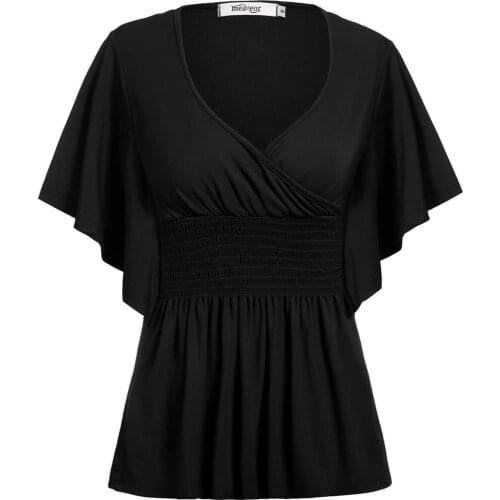 T-shirt Women 2018 Clothing Fashion Casual Black (4 Colors) V-Neck Short Batwing Sleeve High Elastic Waist Shirt LC25788