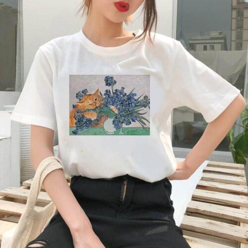 Kawaii cat oil painting print T-shirt basic O-neck short-sleeved ladies T-shirt white graphic girl T-shirt