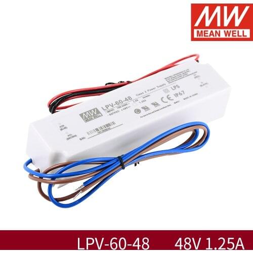 Meanwell IP67 Constant Voltage Led Driver Switching Power Supply Lpv-60-48 60W 85-264VAC To DC 48V 1.25A Source Transformer